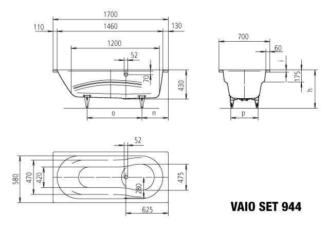 Kaldewei Badewanne VAIO SET 944 170x70cm, Überlaufloch gegenüberliegend, schwarz