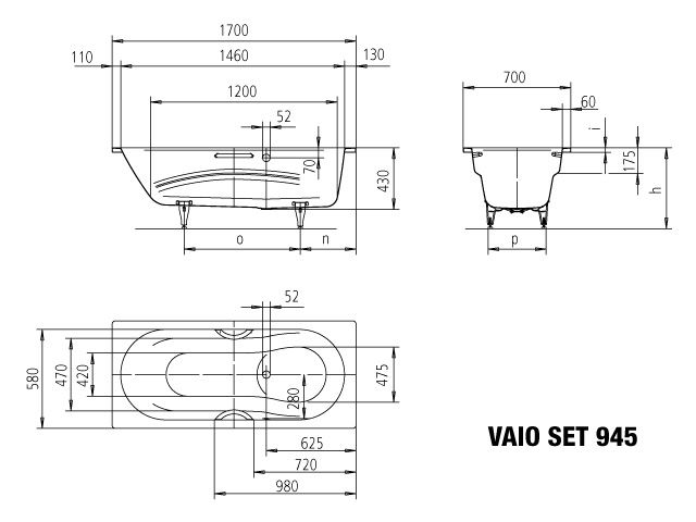 Kaldewei Badewanne VAIO SET STAR-945 170x70cm, Perl-Effekt, SÜL, Vollantislip, manhattan