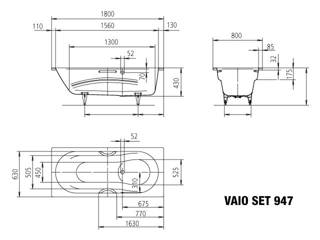 Kaldewei Badewanne VAIO SET STAR-947 180x80cm, Sonderüberlauf Vollantislip, pergamon