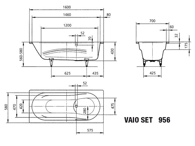 Kaldewei Badewanne VAIO SET 956 160x70cm, Überlaufloch gegenüberliegend, bahamabeige