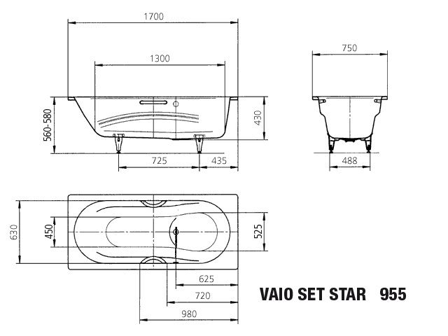 Kaldewei Badewanne VAIO SET STAR-955 170x75cm, Perl-Effekt, SÜL, Vollantislip, schwarz