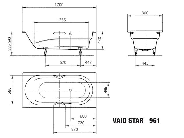 Kaldewei Badewanne VAIO STAR 961 170x80cm, Griffloch, Perl-Effekt, SÜL, Ruschhemmend, manhattan