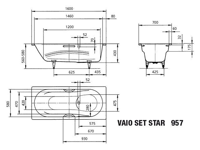 Kaldewei Badewanne VAIO SET STAR-957 160x70cm, Überlaufloch gegenüberliegend, schwarz