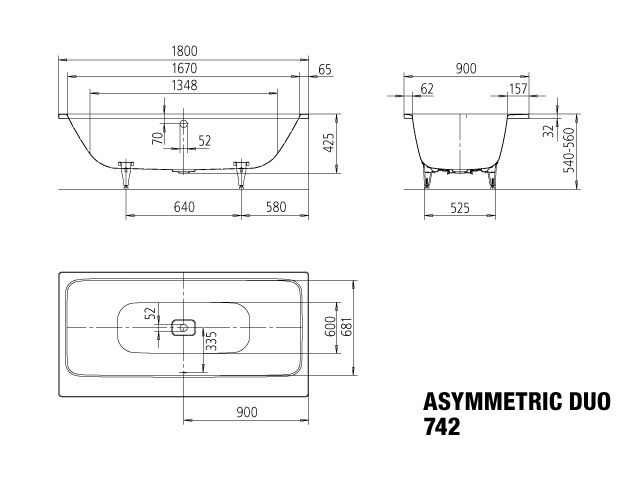 Kaldewei Badewanne ASYMMETRIC DUO 742 180x90cm, Grifflochbohrung, alpinweiß matt