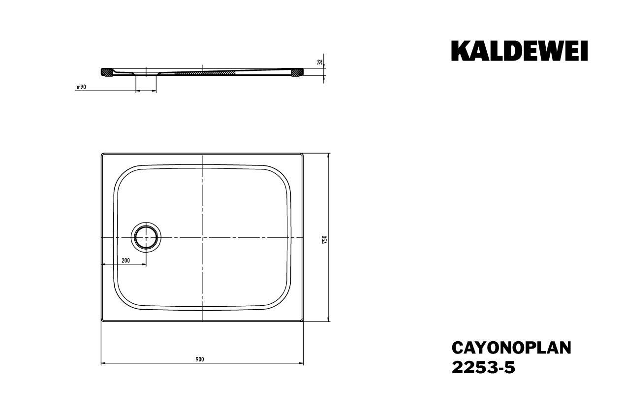 Kaldewei Duschwanne CAYONOPLAN 2253-5 75x90x1,8cm, mit Träger, ohne Effekt/Antislip, schwarz