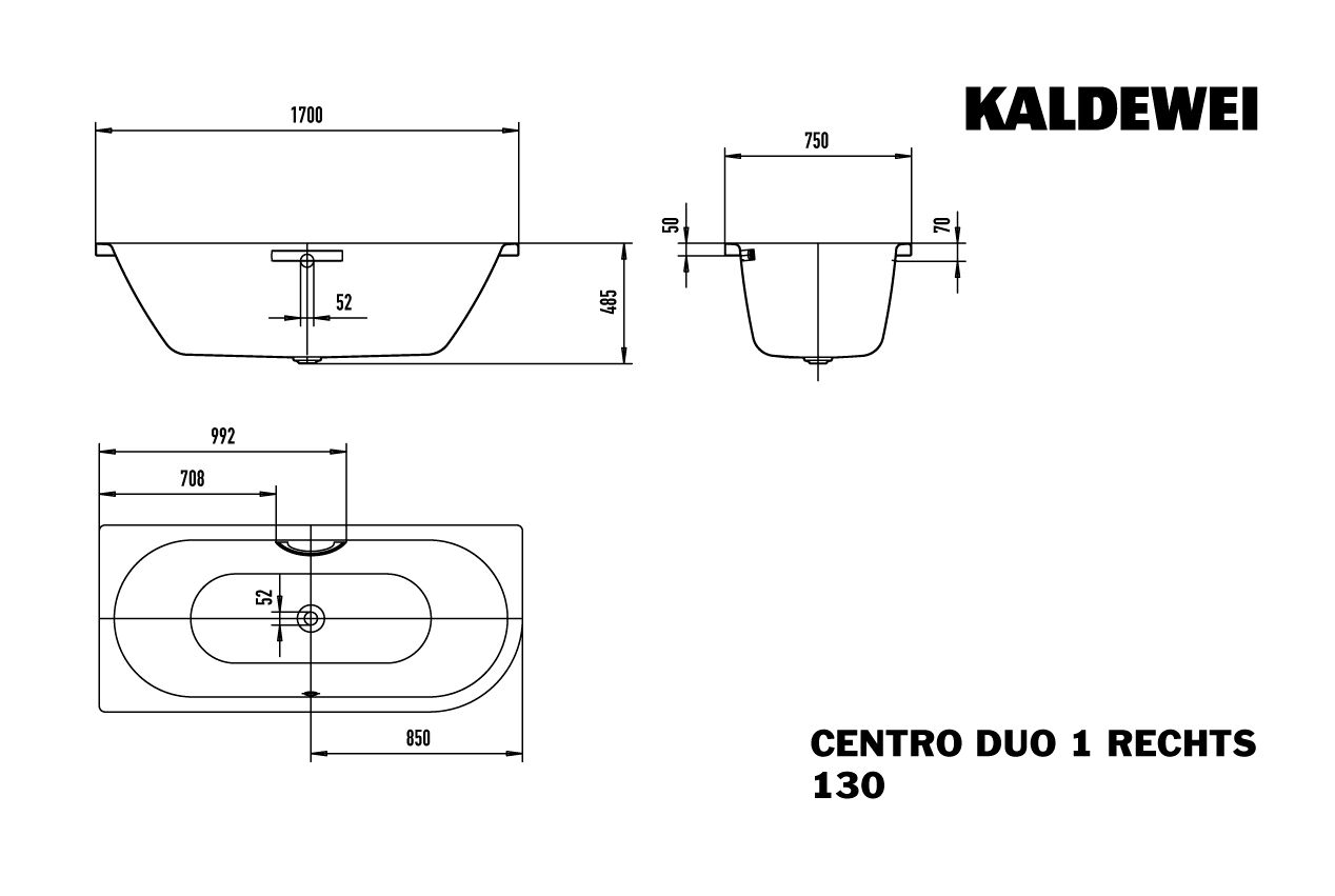 Kaldewei Badewanne CENTRO DUO 1 rechts 130 170x75cm, Griffloch, Perl-Effekt, Rutschhemmend, pergamon