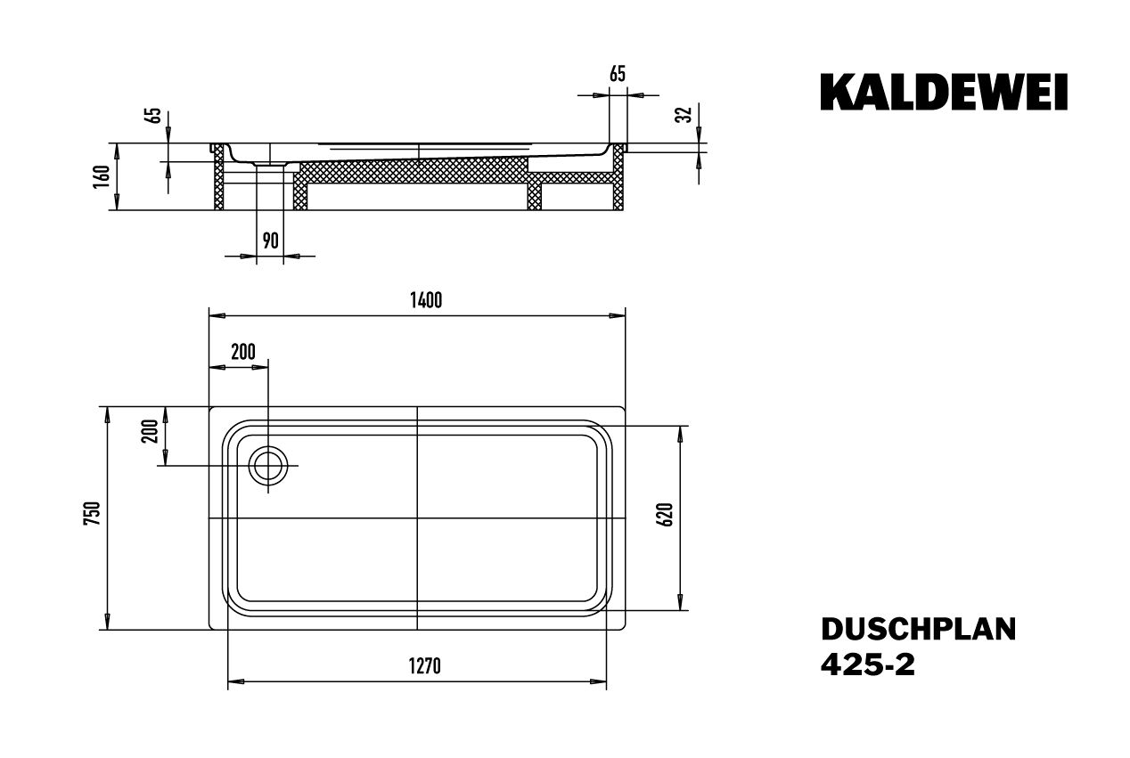 Kaldewei Duschwanne DUSCHPLAN 425-2 75x140cm, mit Träger, Vollantislip Perl-Effekt, pergamon