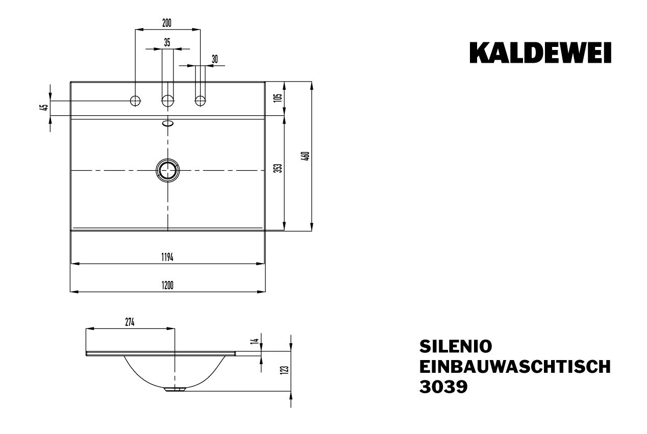Kaldewei Einbau-Waschtisch SILENIO 3039, 120 x 46 cm, bahamabeige Perl-Effekt, ohne Überlauf, 3 Hahnlöcher
