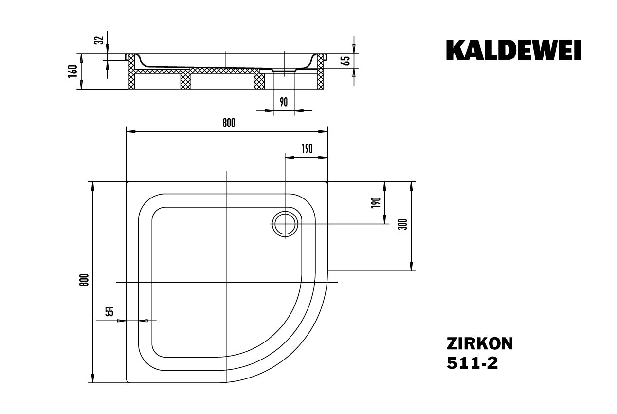 Kaldewei Duschwanne ZIRKON 511-2 80x80x6,5cm, mit Träger, Antislip, schwarz
