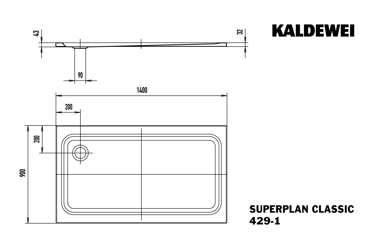 Kaldewei Duschwanne SUPERPLAN CLASSIC 429-1 90x140x4,3cm, Vollantislip Perl-Effekt, manhattan