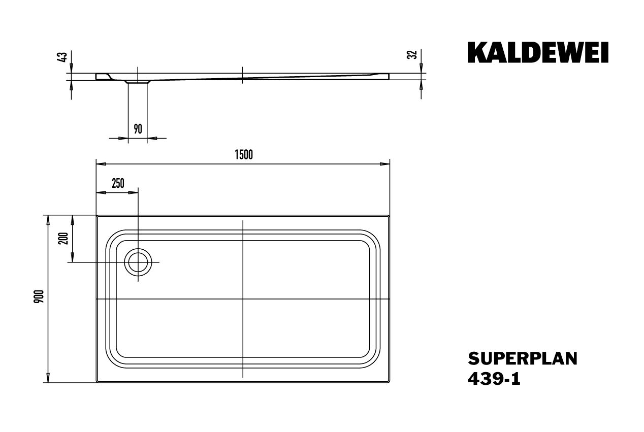 Kaldewei Duschwanne SUPERPLAN CLASSIC 439-1 90x150x4,3cm, Antislip, schwarz