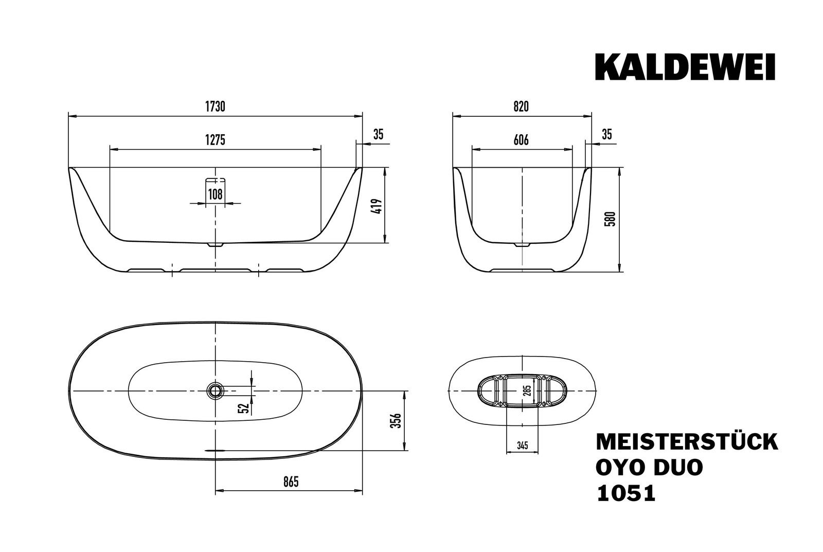 Kaldewei Badewanne Meisterstück Oyo Duo 4033-1051 Perl-Effekt, 173x82cm, Schallschutz, Ablauf, weiß