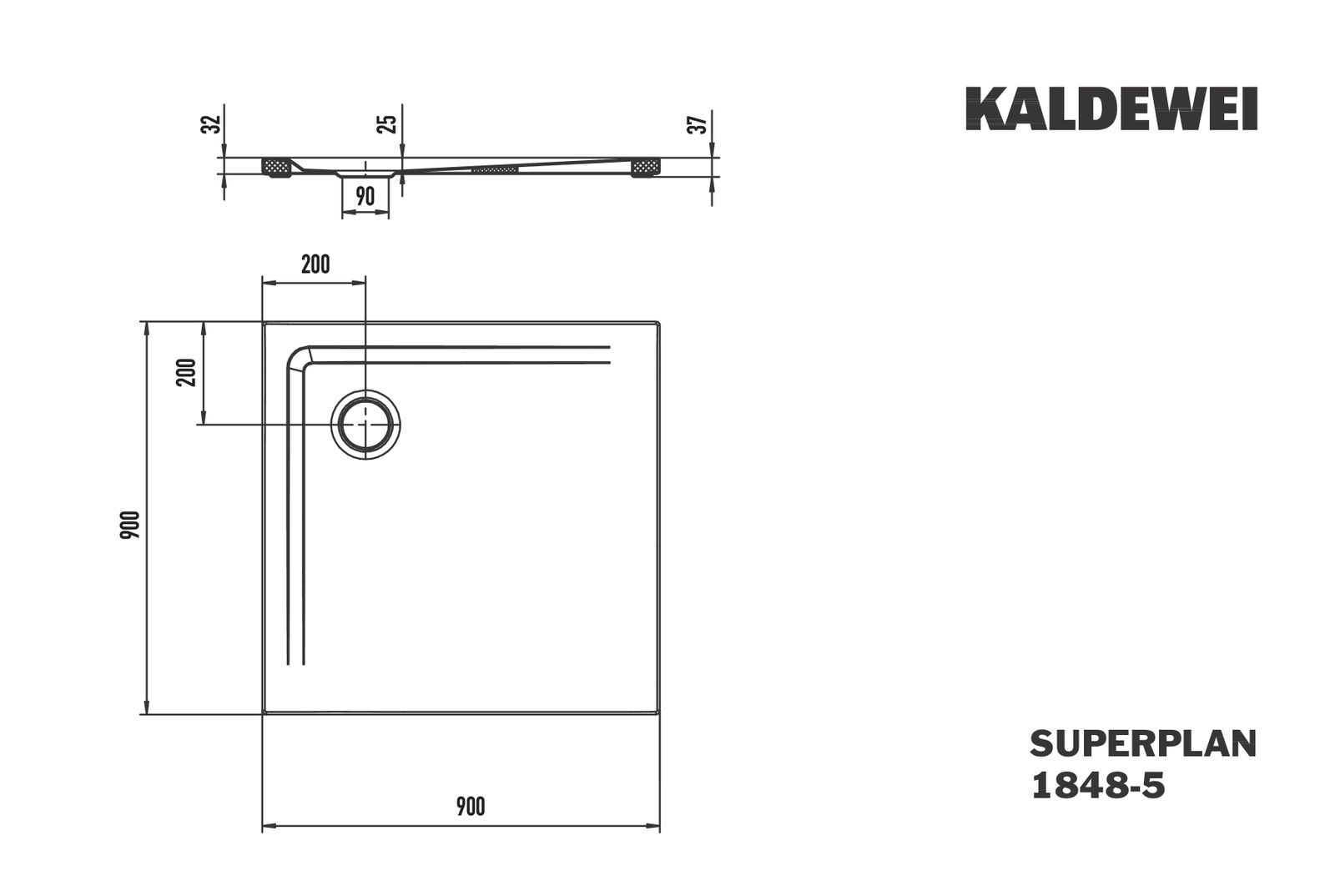 Kaldewei Duschwanne SUPERPLAN 1848-5 90x90x2,5cm, Träger flach, Invisible Grip, cool grey70