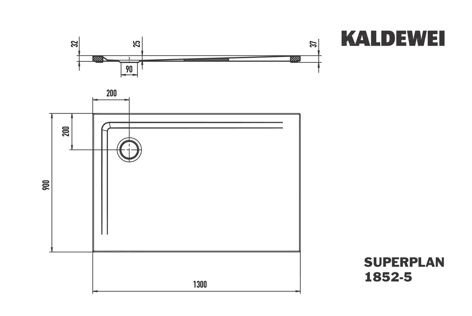 Kaldewei Duschwanne SUPERPLAN 1852-5 90x130x2,5cm, mit Träger flach, Invisible Grip, cool grey90