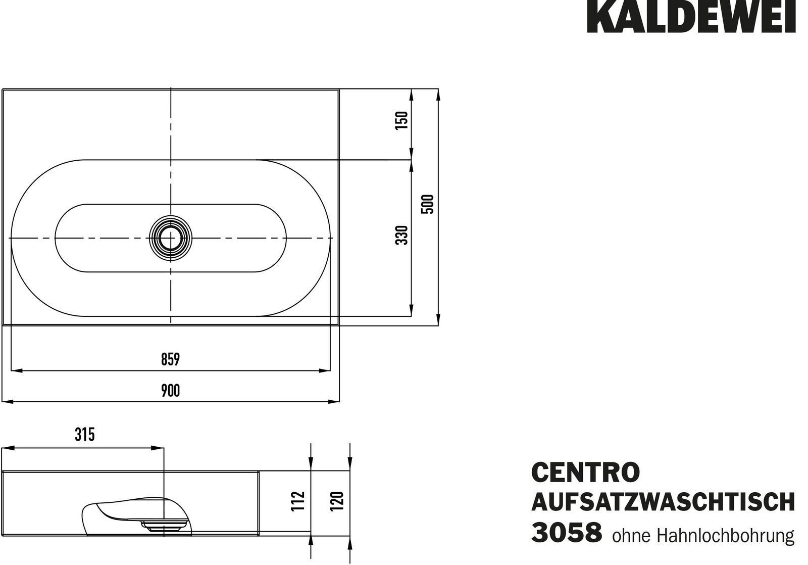 Kaldewei Aufsatz-Waschtisch CENTRO 3058, 90 x 50 x 12 cm, cool grey 90, ohne Überlauf, ohne Hahnloch