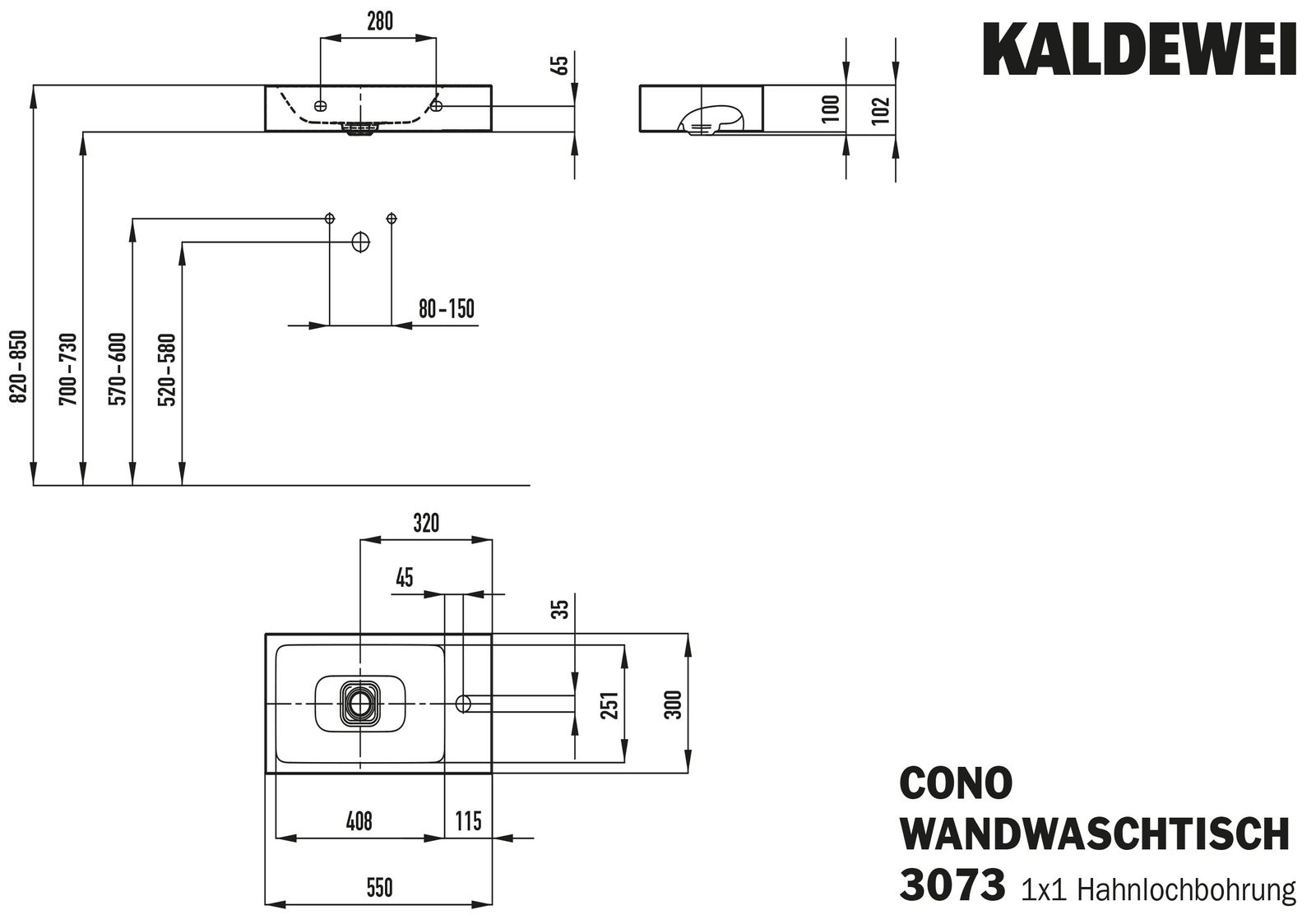 Kaldewei Wandwaschtisch CONO 3073 55x30cm, ohne Überlauf, 1 Hahnloch links, manhattan Perl-Effekt