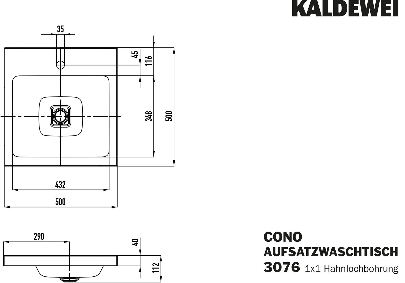 Kaldewei Aufsatz-Waschtisch CONO 3076 50x50cm, ohne Überlauf, 1 Hahnloch, warm grey 10