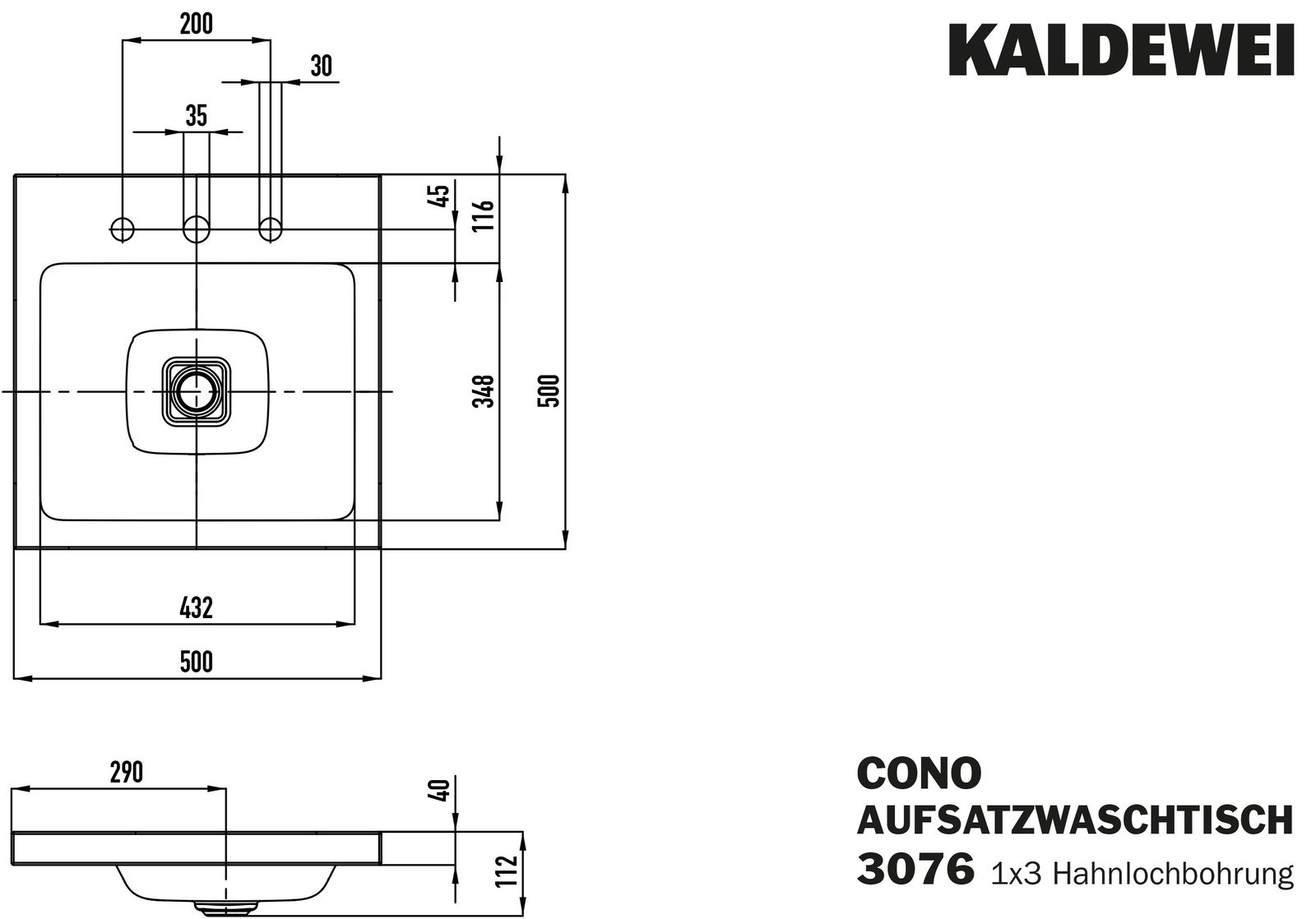 Kaldewei Aufsatz-Waschtisch CONO 3076 50x50cm, ohne Überlauf, 3 Hahnlöcher, cool grey 90