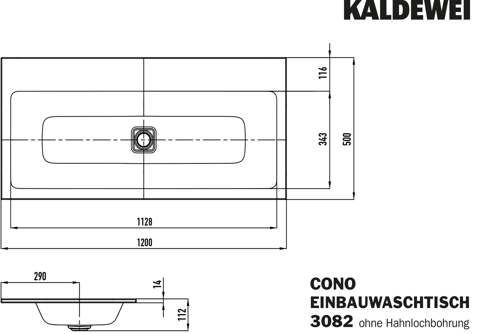 Kaldewei Einbau-Waschtisch CONO 3082, 120 x 50 cm, schwarz matt 100, ohne Überlauf, ohne Hahnloch