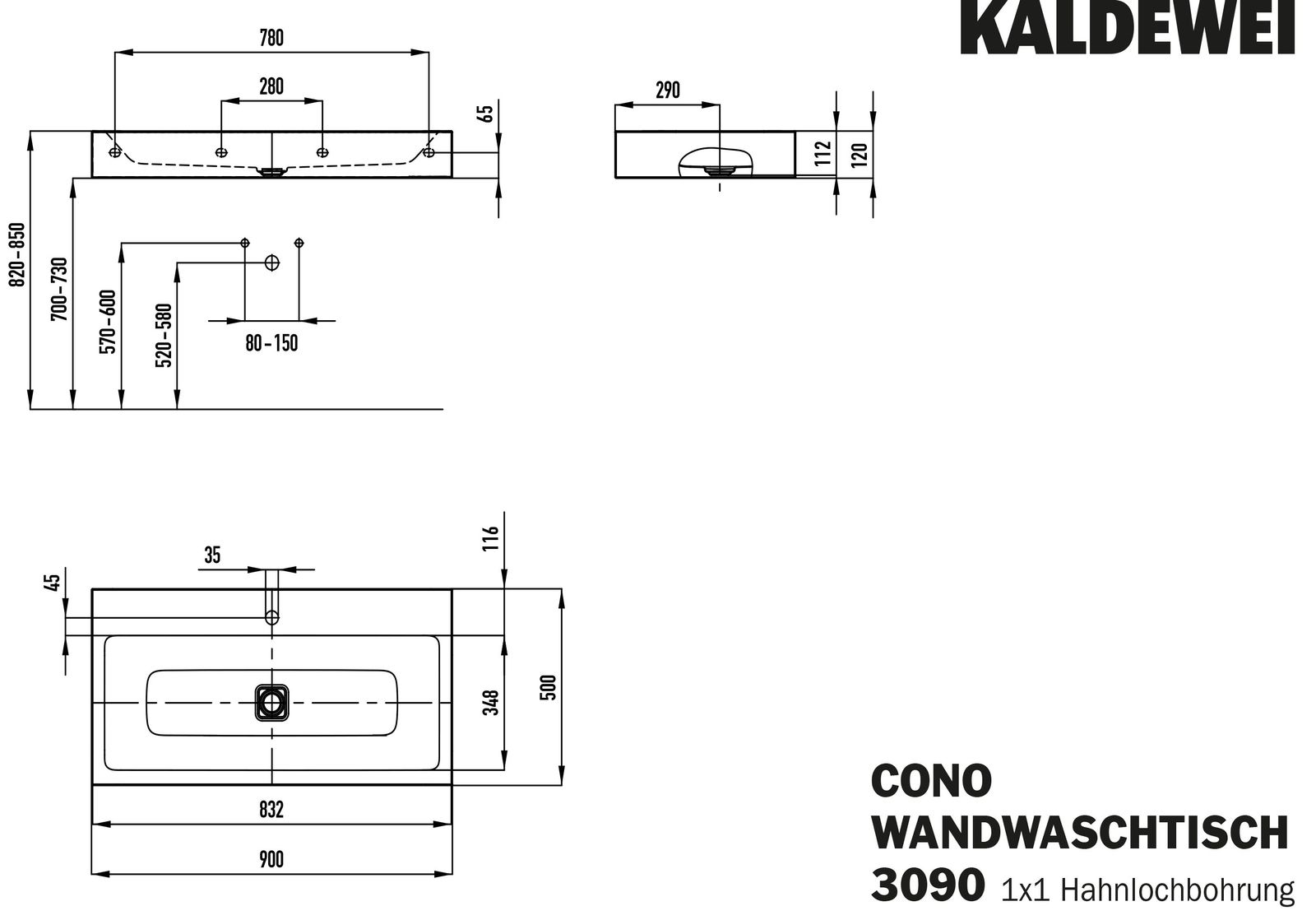 Kaldewei Wand-Waschtisch CONO 3090, 90 x 50 x 12 cm, warm beige 20, ohne Überlauf, 1 Hahnloch