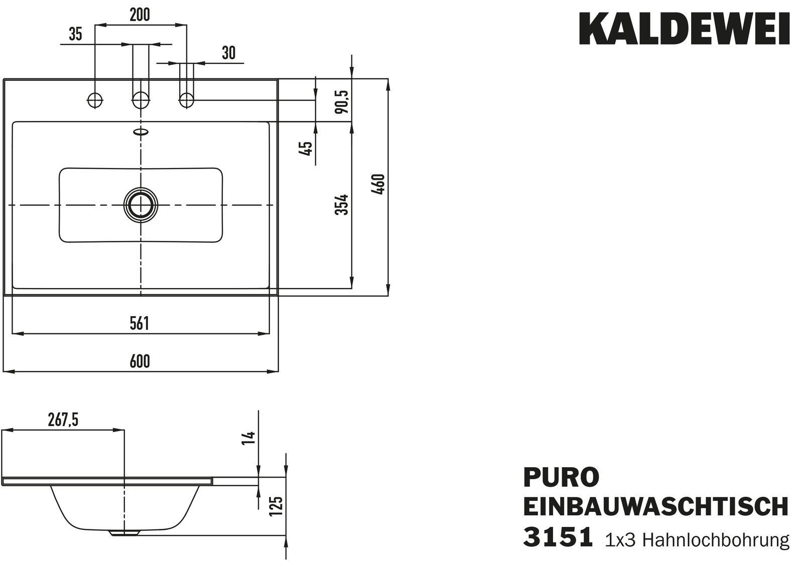 Kaldewei Einbau-Waschtisch PURO 3151, 60 x 46 cm, warm grey 60 Perl-Effekt, mit Überlauf, 3 Hahnlöcher