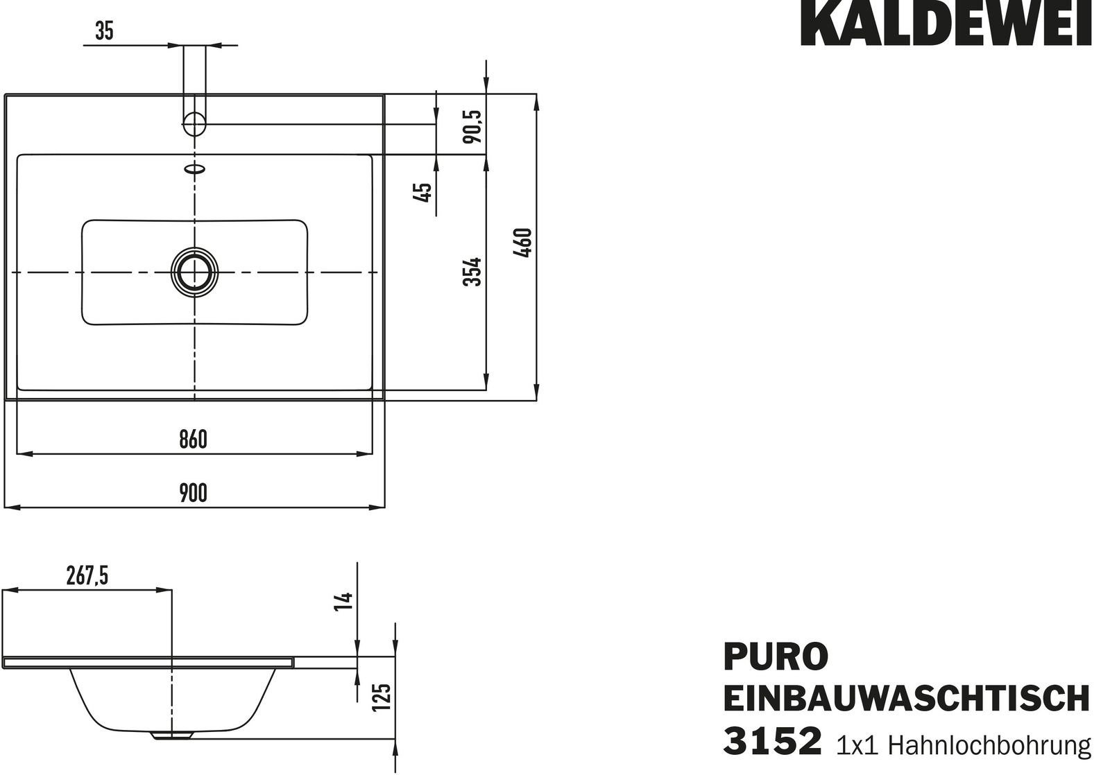 Kaldewei Einbau-Waschtisch PURO 3152, 90 x 46 cm, cool grey 30 Perl-Effekt, mit Überlauf, 1 Hahnloch