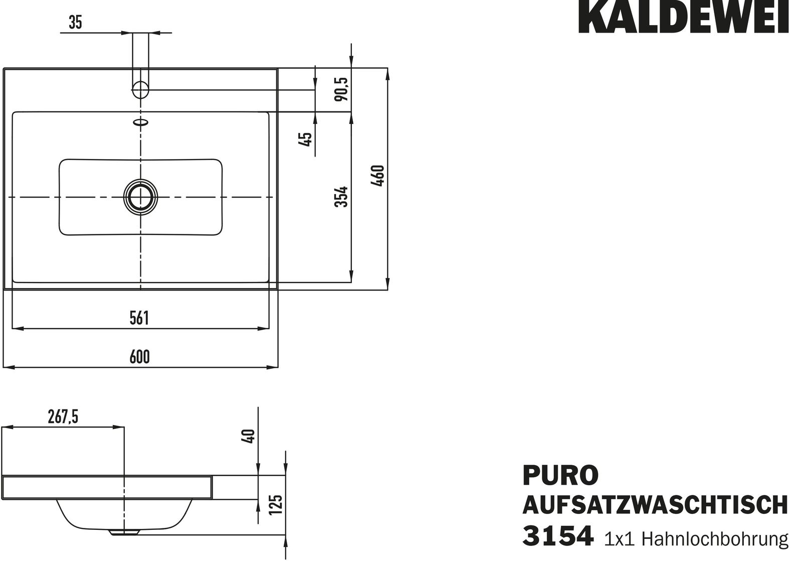 Kaldewei Aufsatz-Waschtisch PURO 3154, 60 x 46 cm, weiß Perl-Effekt, mit Überlauf, 1 Hahnloch