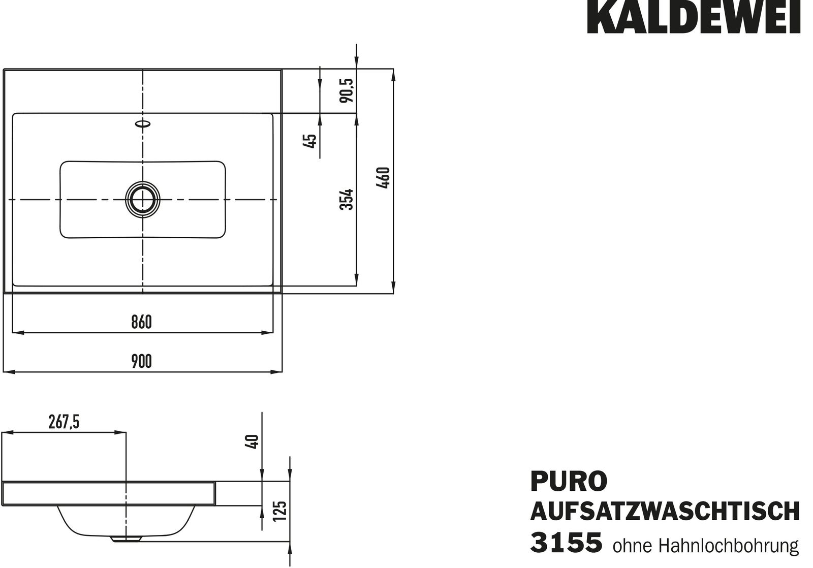 Kaldewei Aufsatz-Waschtisch PURO 3155, 90 x 46 cm, cool grey 30 Perl-Effekt, mit Überlauf, ohne Hahnloch
