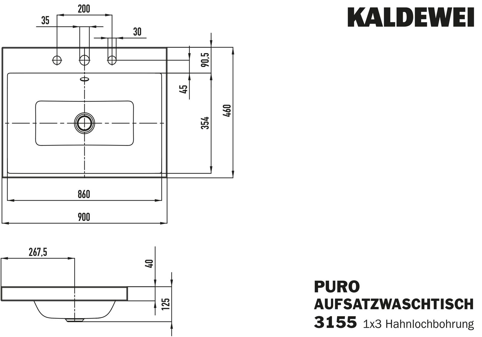Kaldewei Aufsatz-Waschtisch PURO 3155, 90 x 46 cm, warm beige 20 Perl-Effekt, mit Überlauf, 3 Hahnlöcher