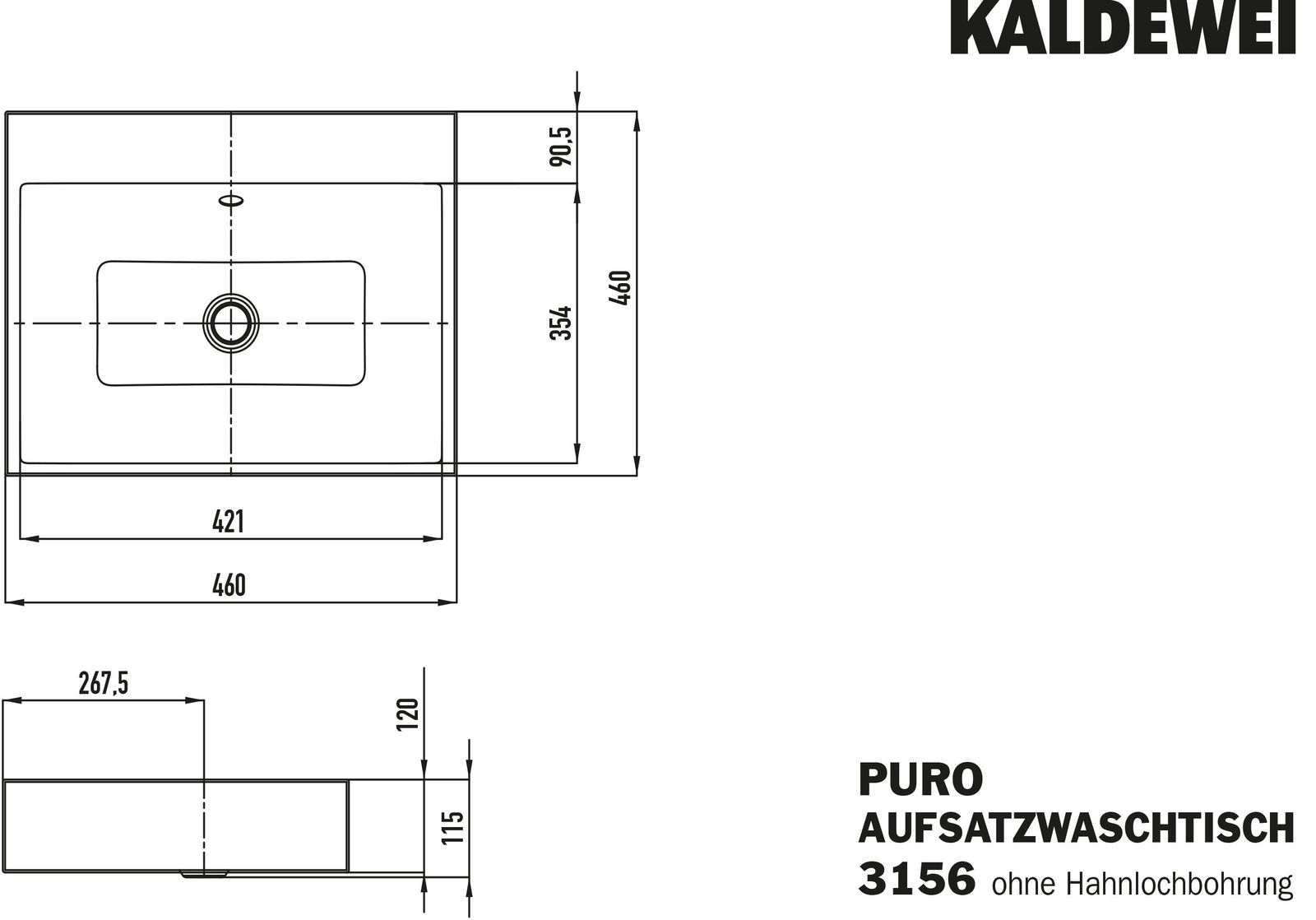 Kaldewei Aufsatz-Waschtisch PURO 3156, 46 x 46 cm, warm grey 60 Perl-Effekt, mit Überlauf, ohne Hahnloch