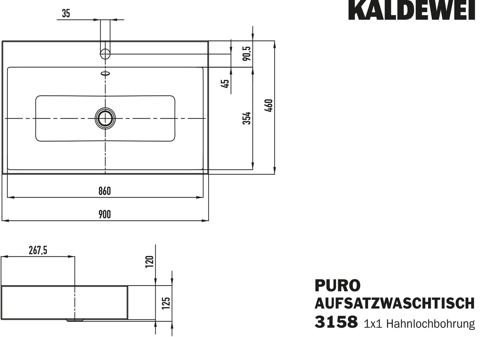 Kaldewei Aufsatz-Waschtisch PURO 3158, 90 x 46 cm, cool grey 90, mit Überlauf, 1 Hahnloch