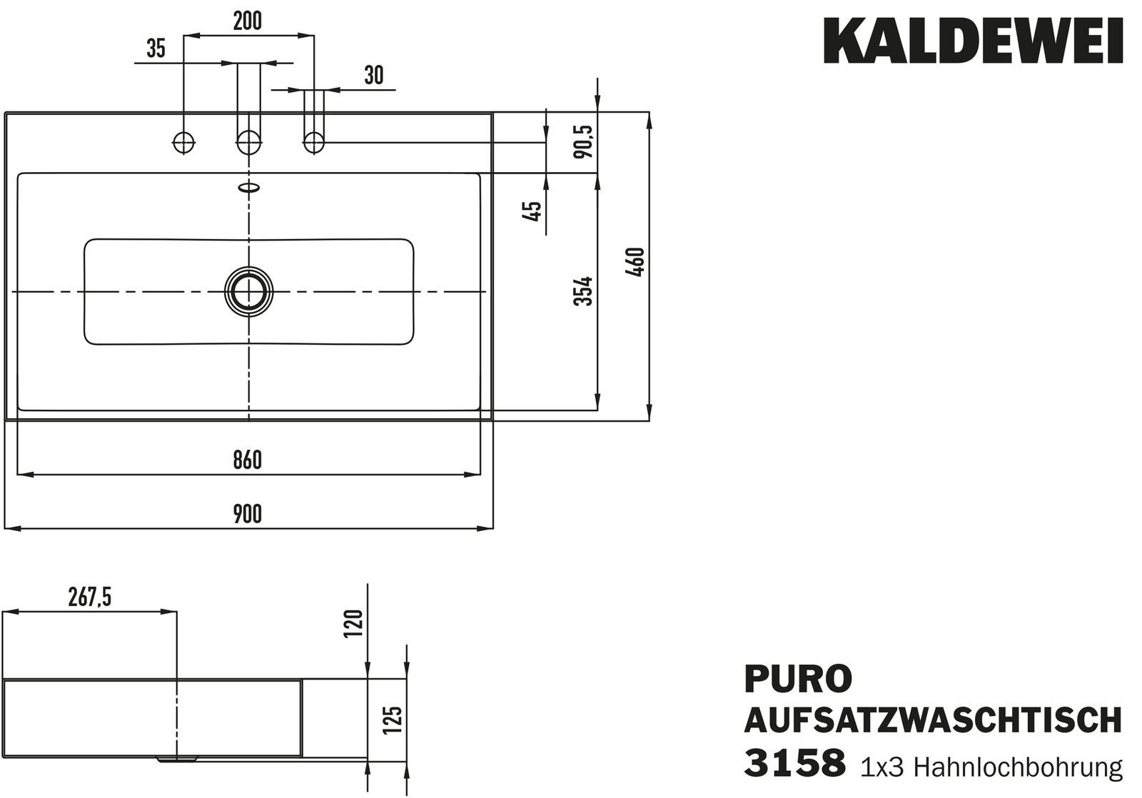 Kaldewei Aufsatz-Waschtisch PURO 3158, 90 x 46 cm, cool grey 70, mit Überlauf, 3 Hahnlöcher