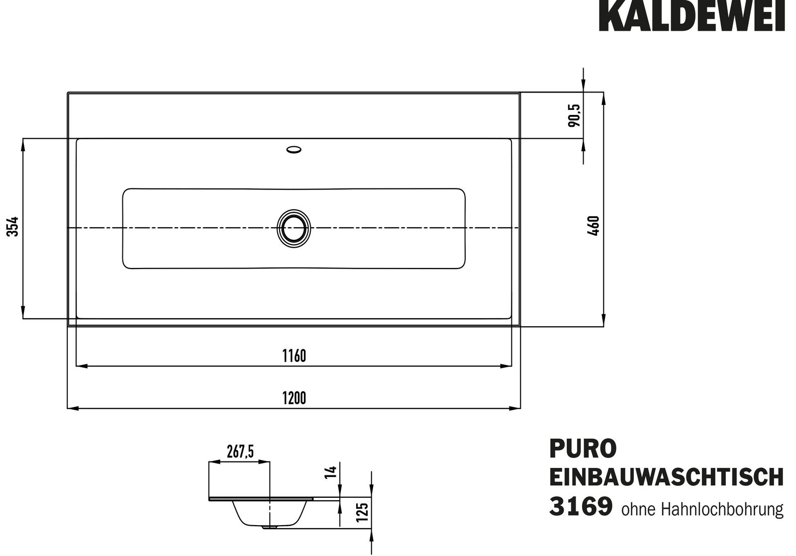 Kaldewei Einbauwaschtisch PURO 3169 120x46x1,4cm, mit Überlauf, ohne Hahnloch, warm grey 10 Perl-Effekt