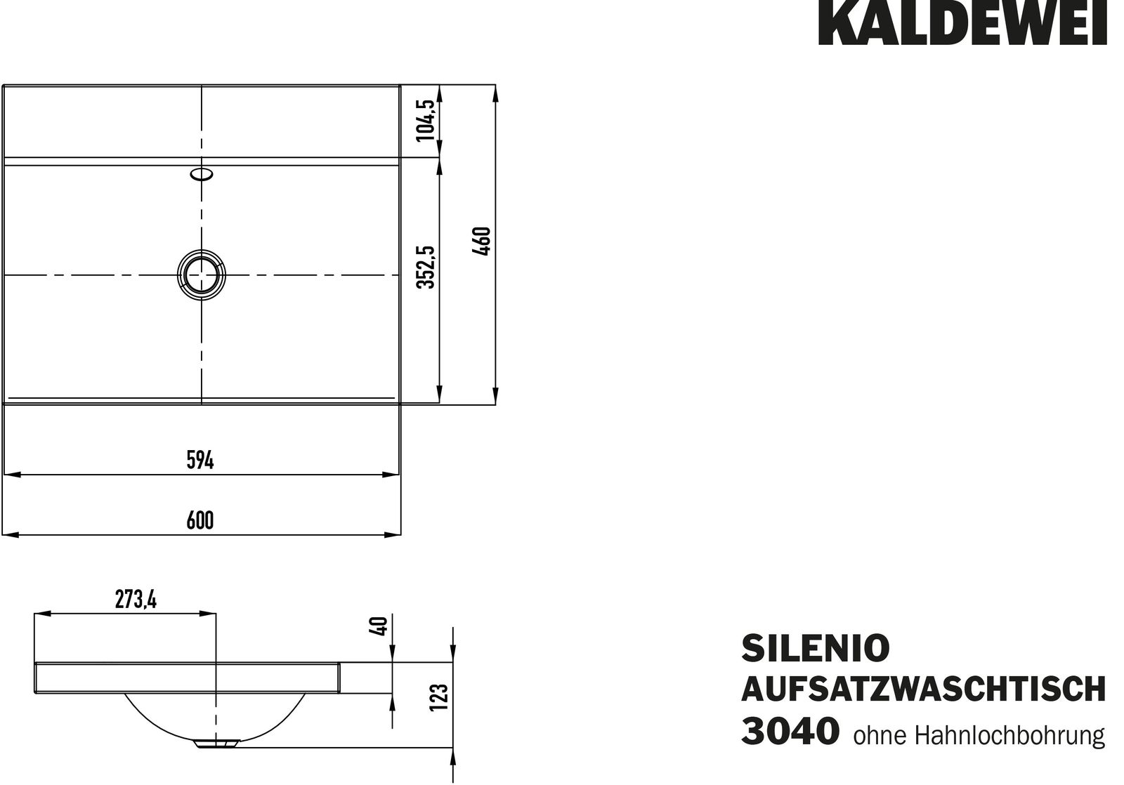 Kaldewei Aufsatz-Waschtisch SILENIO 3040, 60 x 46 x 4 cm, cool grey 70, Überlauf, ohne Hahnloch