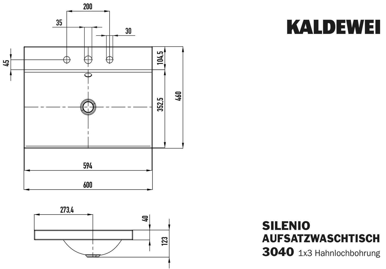 Kaldewei Aufsatz-Waschtisch SILENIO 3040, 60 x 46 x 4 cm, warm grey 60, Überlauf, 3 Hahnlöcher
