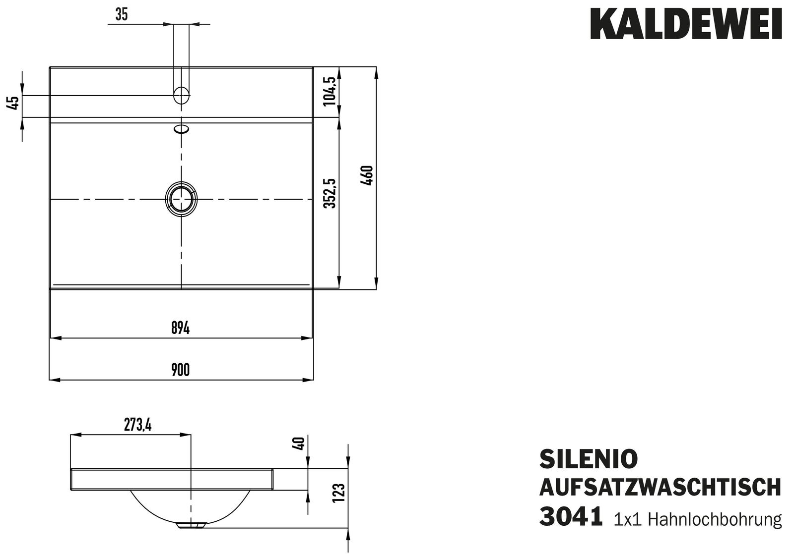 Kaldewei Aufsatz-Waschtisch SILENIO 3041, 90 x 46 x 4 cm, cool grey 90 Perl-Effekt, ohne Überlauf, 1 Hahnloch