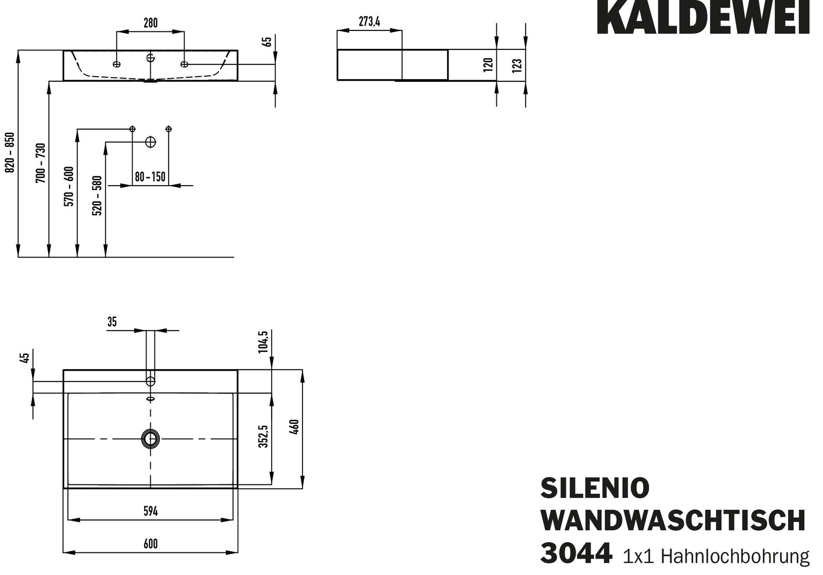 Kaldewei Wand-Waschtisch SILENIO 3046-D 3044, 60 x 46 x 12 cm, cool grey 90, mit Überlauf, mit Hahnloch