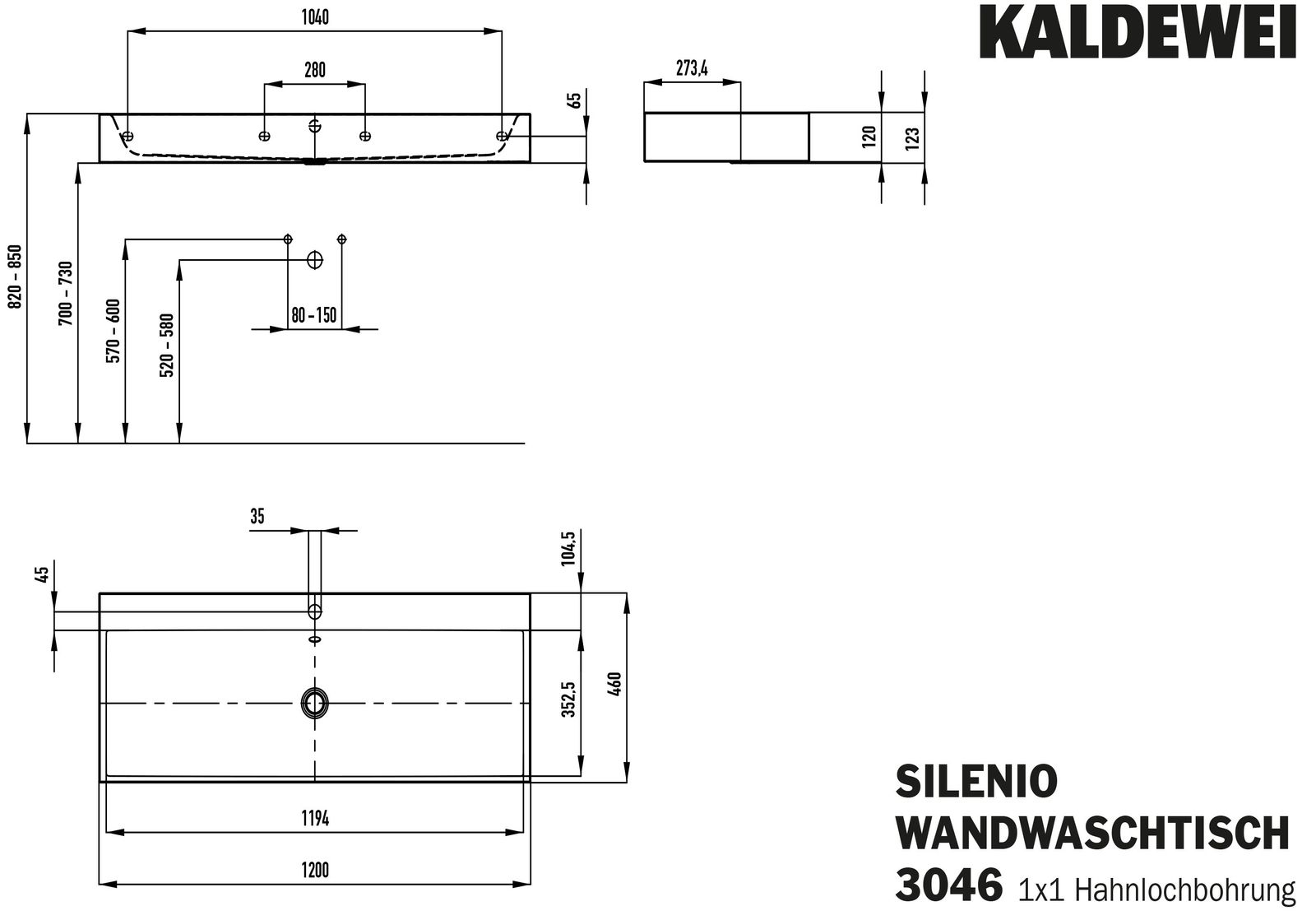 Kaldewei Wand-Waschtisch SILENIO 3046-D 3046, 120 x 46 x 12 cm, warm grey 10, mit Überlauf, mit Hahnloch