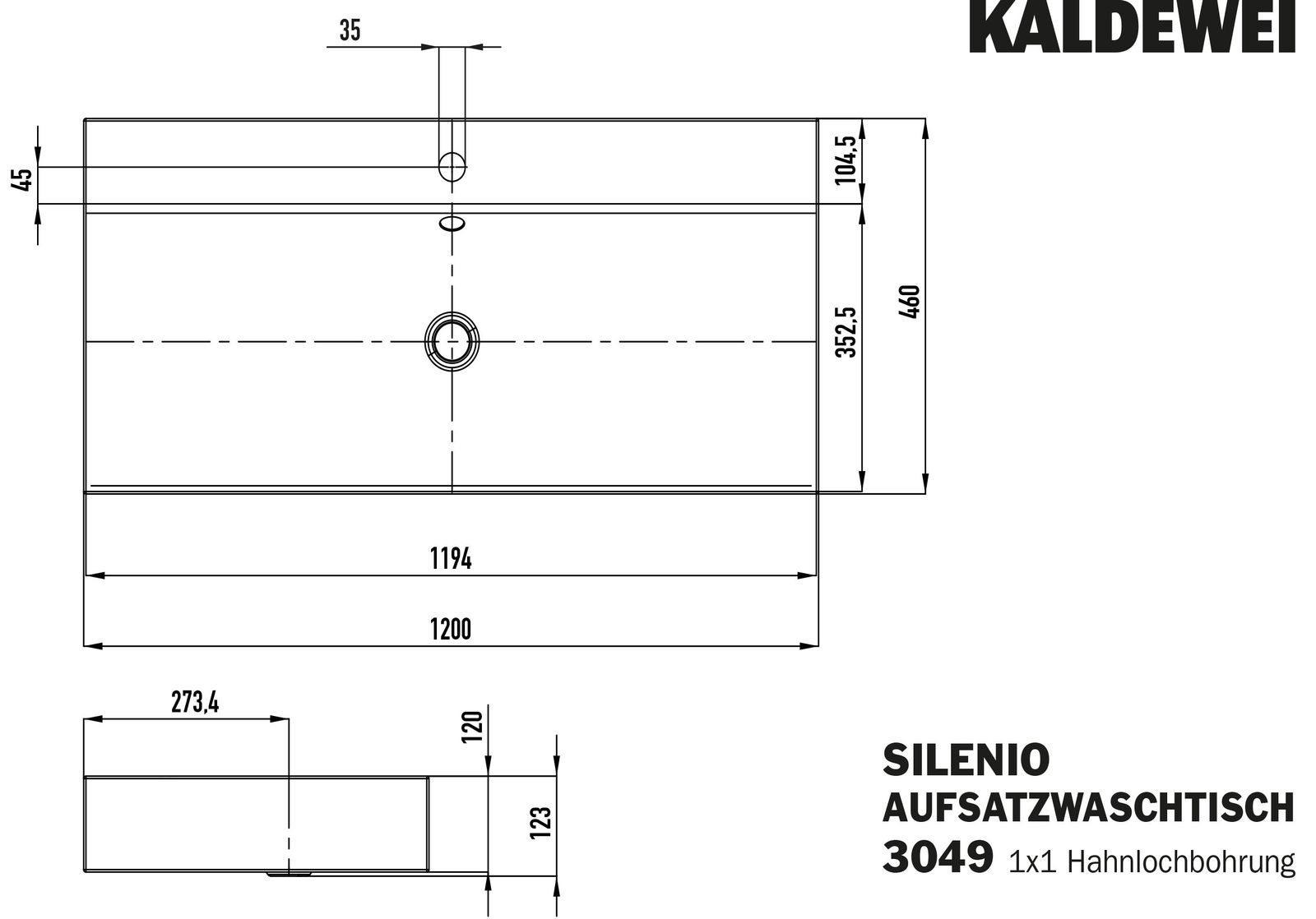 Kaldewei Aufsatz-Waschtisch SILENIO 3049, 120 x 46 x 12 cm, warm beige 20 Perl-Effekt, ohne Überlauf, 1 Hahnloch