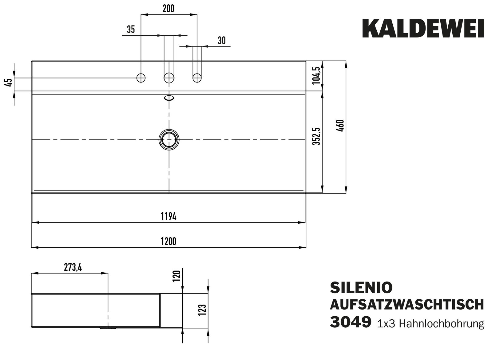 Kaldewei Aufsatz-Waschtisch SILENIO 3049, 120 x 46 x 12 cm, warm grey 10, Überlauf, 3 Hahnlöcher