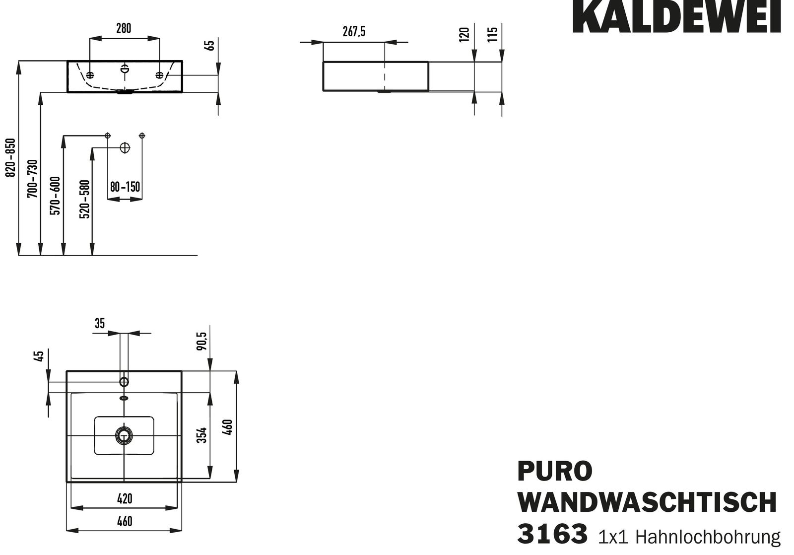 Kaldewei Wand-Waschtisch PURO 3163, 46 x 46 cm, manhattan Perl-Effekt, mit Überlauf, mit Hahnloch