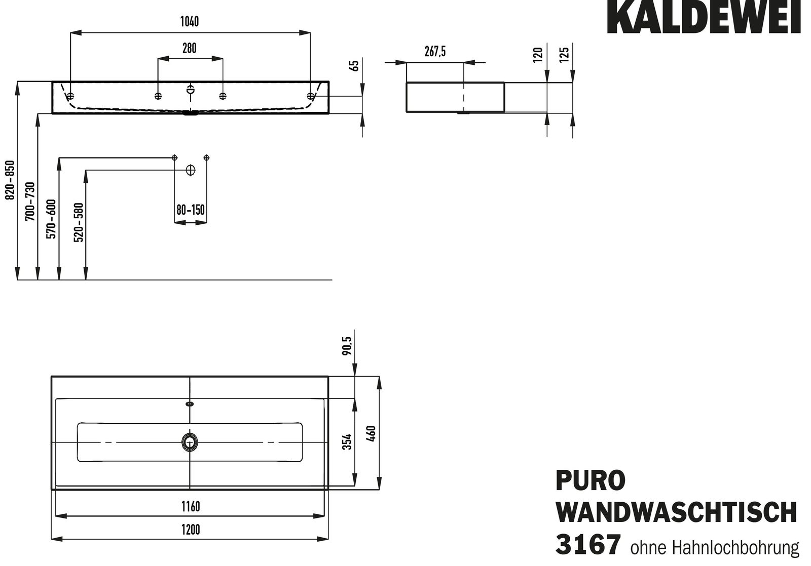 Kaldewei Wand-Waschtisch PURO 3167, 120 x 46 cm, cool grey 30 Perl-Effekt, mit Überlauf, ohne Hahnloch