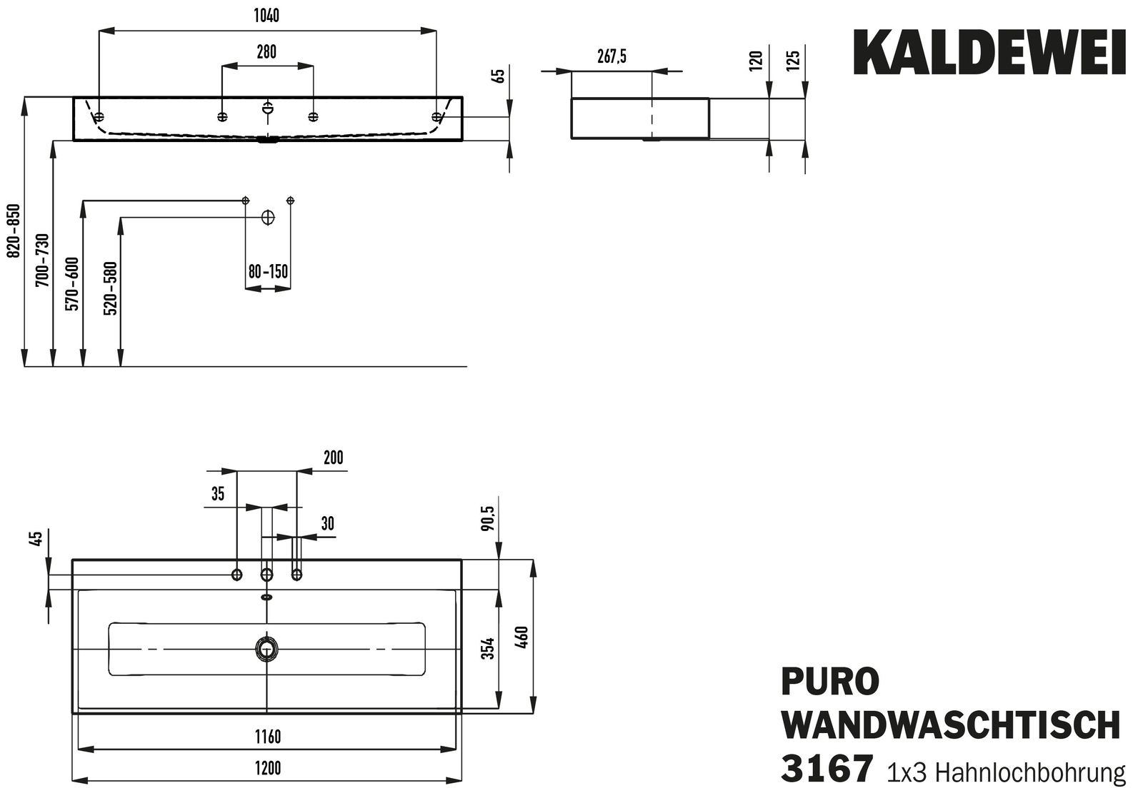 Kaldewei Wand-Waschtisch PURO 3167, 120 x 46 cm, warm grey 10 Perl-Effekt, mit Überlauf, 3 Hahnlöcher