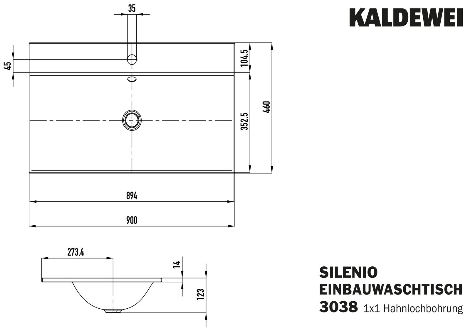 Kaldewei Einbau-Waschtisch SILENIO 3038, 90 x 46 cm, cool grey 90 Perl-Effekt, ohne Überlauf, 1 Hahnloch