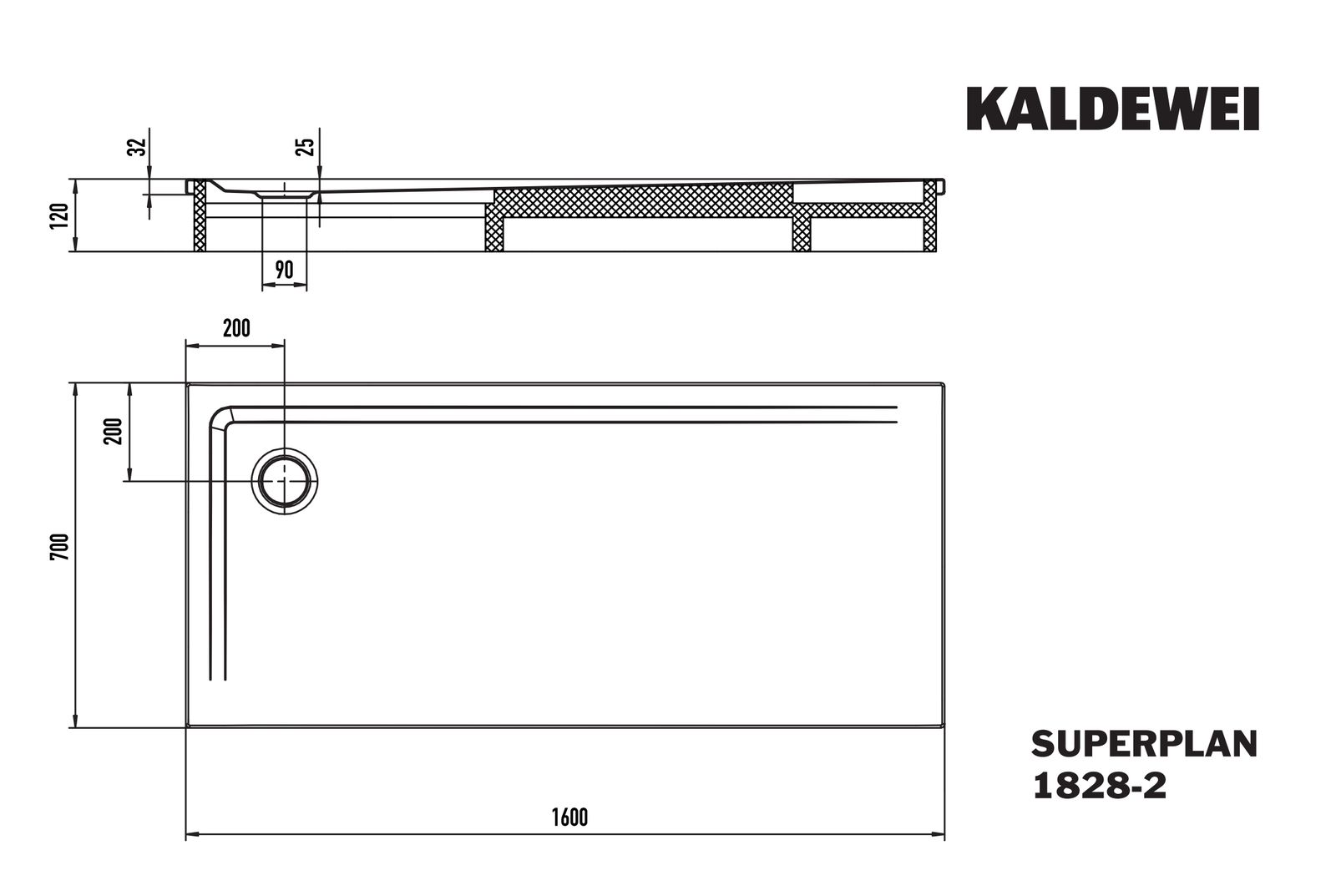 Kaldewei Duschwanne SUPERPLAN XXL 1828-2 70x160x3,9cm, mit Träger, Antislip Secure Plus, warm grey10