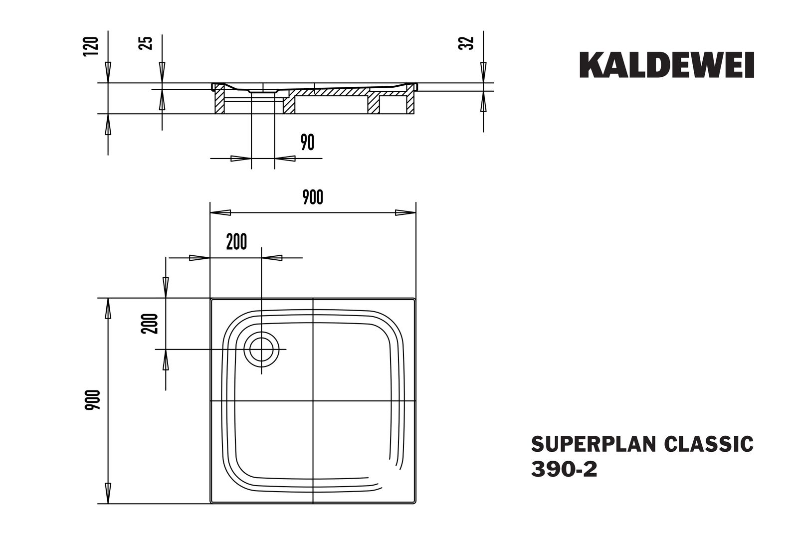 Kaldewei Duschwanne SUPERPLAN CLASSIC 390-2 90x90x2,5cm, mit Träger, Vollantislip, weiß