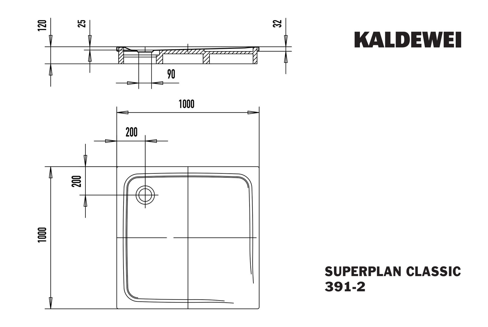 Kaldewei Duschwanne SUPERPLAN CLASSIC 391-2 100x100x2,5cm, mit Träger, Vollantislip, manhattan