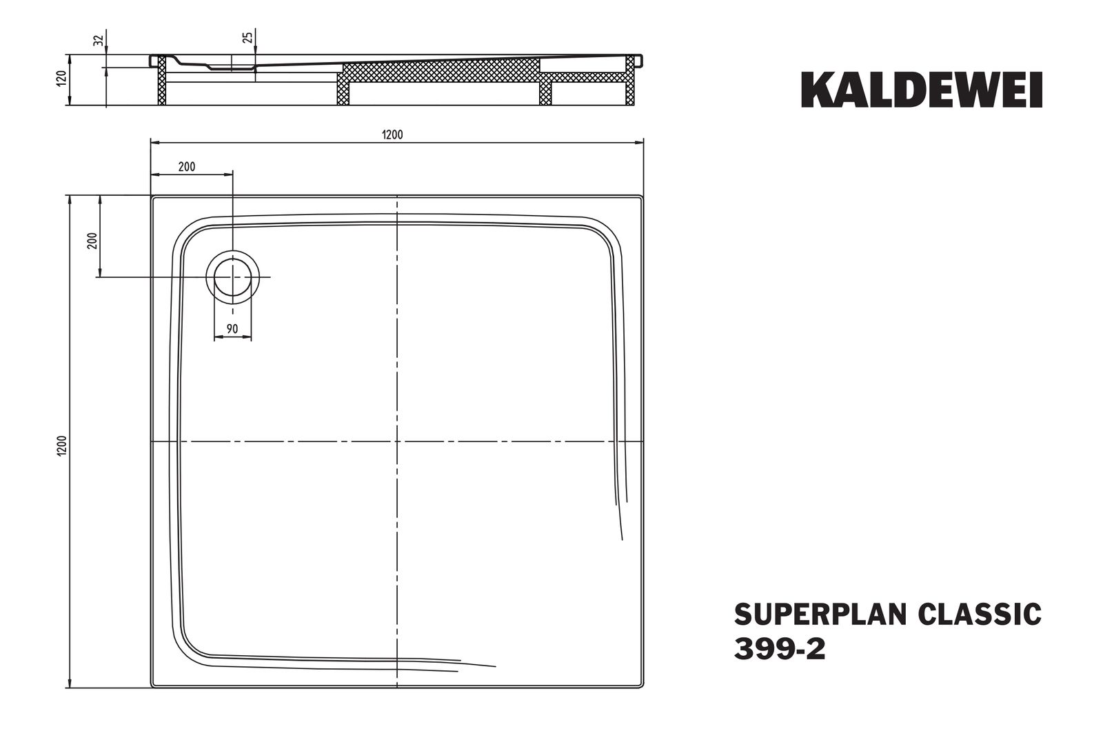 Kaldewei Duschwanne SUPERPLAN CLASSIC 399-2 120x120x2,5cm, mit Träger, Antislip, weiß