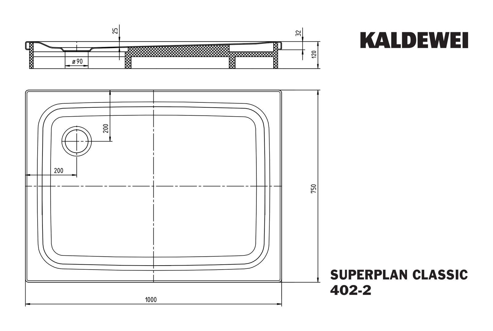 Kaldewei Duschwanne SUPERPLAN CLASSIC 402-2 75x100x2,5cm, mit Träger, Antislip, schwarz