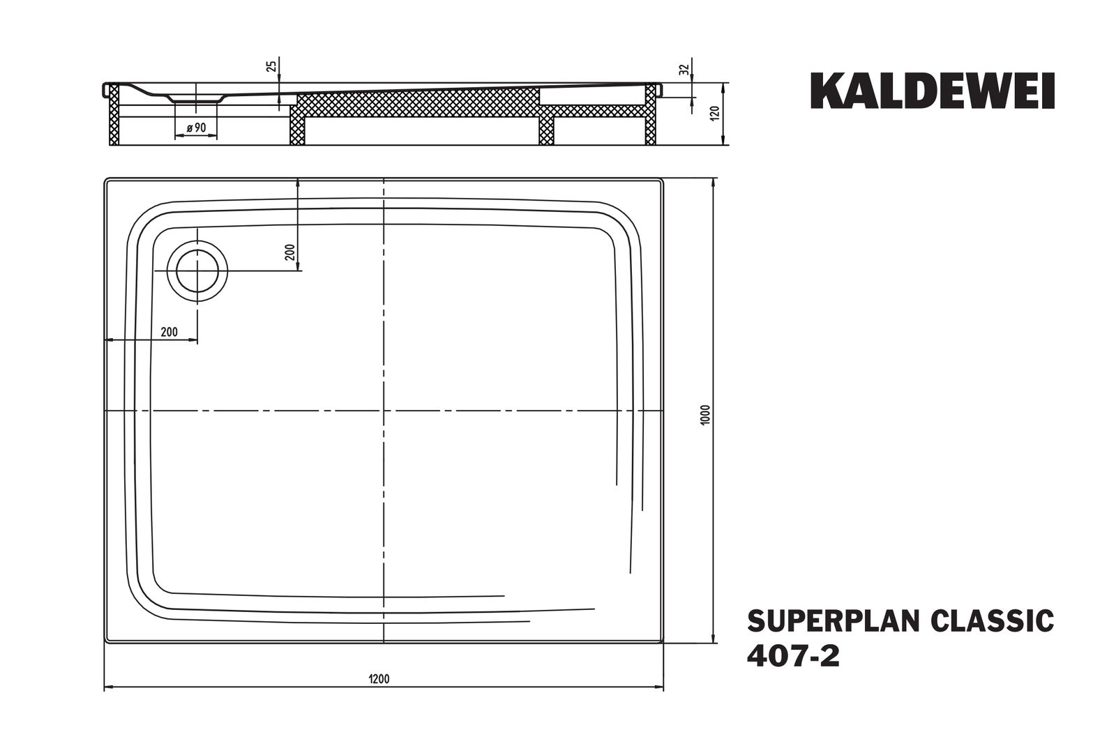 Kaldewei Duschwanne SUPERPLAN CLASSIC 407-2 100x120x2,5cm, Träger, Antislip, manhattan